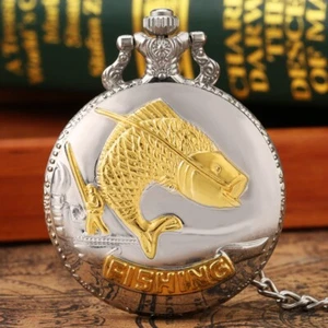 3D Fishing Quartz Pocket Watch Arabic Numerals Dial with Pendant Chain Gifts - Picture 1 of 8
