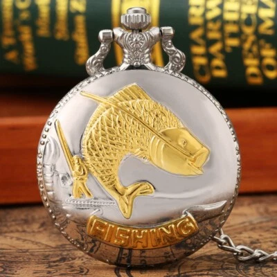 3D Fishing Quartz Pocket Watch Arabic Numerals Dial with Pendant Chain Gifts - Image 1 of 4