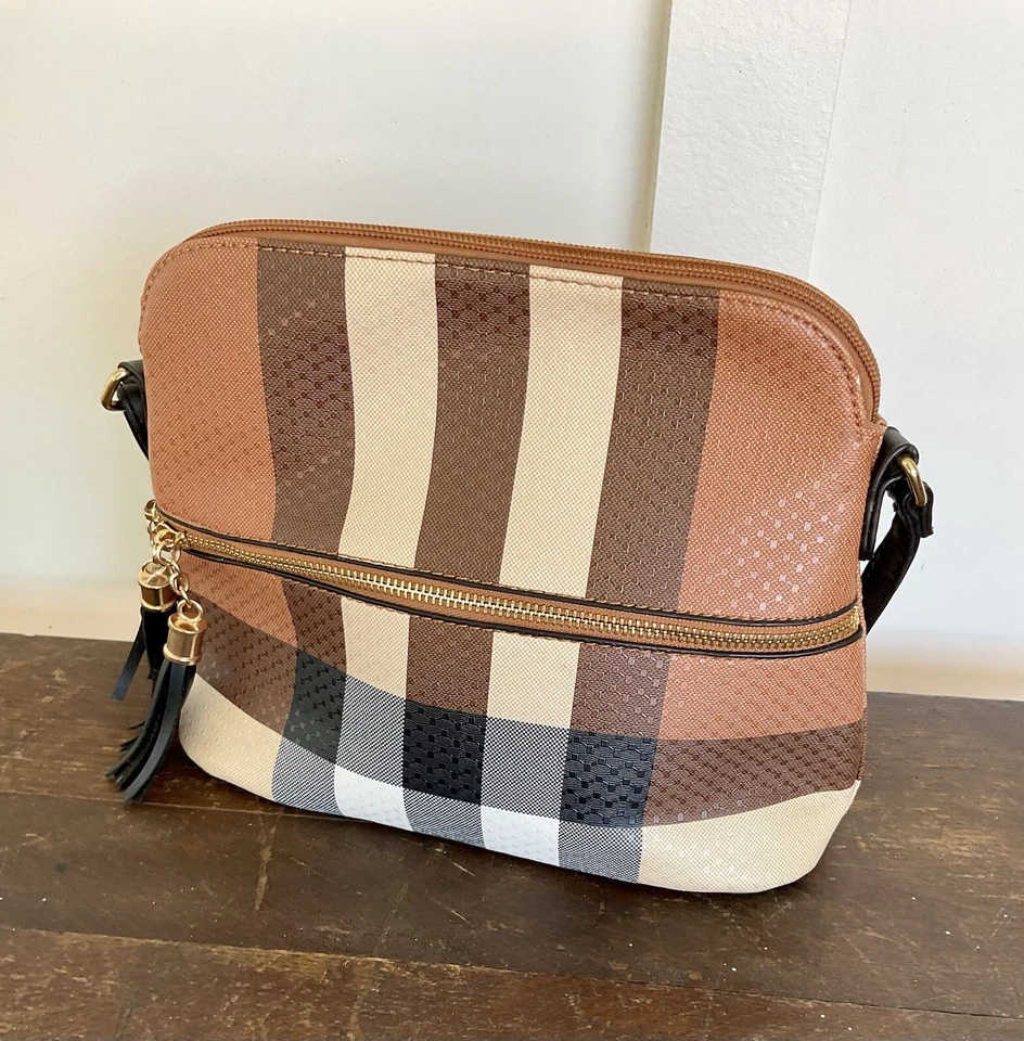 Deluxity Plaid Crossbody Pattern Lady Dome Crossbody Bag Tassel Nice Used - Image 1 of 4