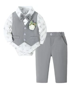 Baby Boy Clothes Suits Infant Gentleman Outfit Collared Dress Shirt+Vest+Tie+... - Picture 1 of 9