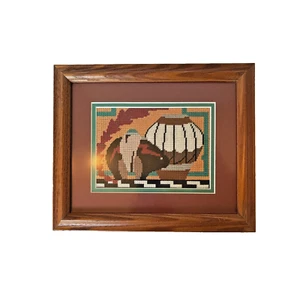 Nadelspitze Südwesten Navajo Stil gerahmte Kunst 10x12 einheimischer Bär Keramik Handarbeit - Bild 1 von 8
