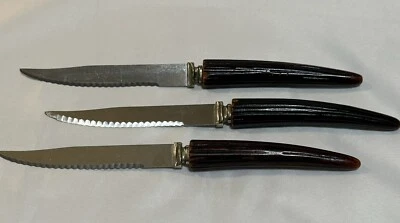 Conjunto de 3 facas vintage REO Crest Sheffield cabo de chifre de veado falso - Imagem 1 de 3