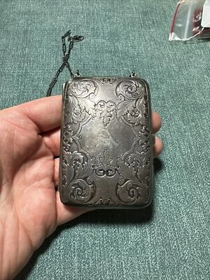 Antiguo monedero compacto para tarjetas con espejo de plata de ley grabado Foto 1 de 4