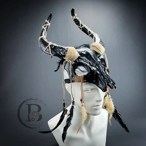 Unisex Ancestral Horned Demon Animal Skull Headdress Masquerade Mask [Black] - Picture 1 of 5