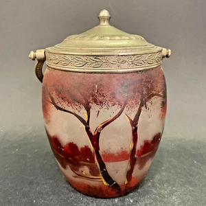 Pot à biscuits en verre peint émaillé à décor d'arbre et de lac (H : 17 cm) - Picture 1 of 10