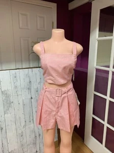 GB Gianni Bini Pink & White Check High Rise Belted Pleated Shorts Set Woman L - Picture 1 of 5