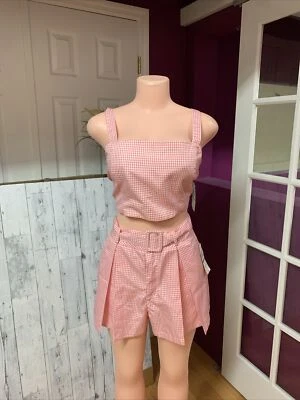 GB Gianni Bini Pink & White Check High Rise Belted Pleated Shorts Set Woman L - Image 1 of 4
