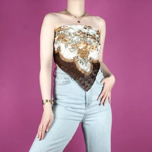 VINTAGE 80s 90s strapless Scarf Floral Sheer Blouse Crop cami tank tie Top M L - Picture 1 of 6