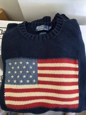 Suéter Polo Ralph Lauren Masculino Azul Marinho Bandeira Americana Algodão Vintage XXL - Imagem 1 de 4