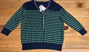 Maglione Lands' End donna medio verde navy a righe scollo a V manica 3/4 preparazione oro - Foto 1 di 11