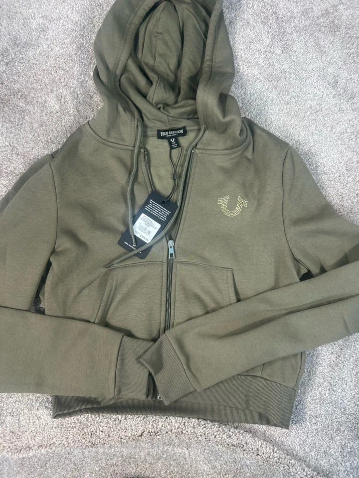 Sudadera con capucha True Religion color verde gira mundial gráfico cremallera completa para mujer talla L nueva con etiquetas Foto 1 de 3