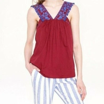 J. Crew Top Boho Tank Top Wide Strap Tank Top Embroidered Top Women 6 Red Pompom - Image 1 of 4