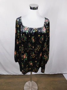 Cato Blouse Womens 18/20W Black Floral Square Neck Long Sleeve Tunic Peasant - Picture 1 of 12