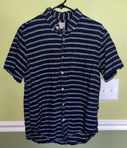 Vintage J Crew Shirt Mens M Linen Plaid Short Sleeve Button Down Striped Blue - Picture 1 of 2