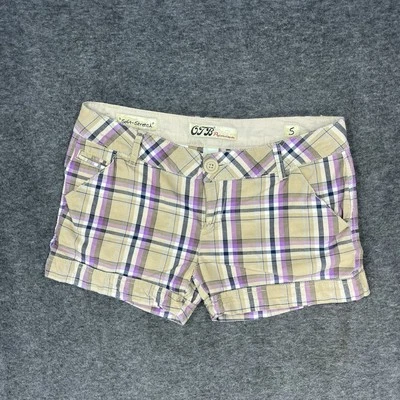 Pantalones Cortos Y2K OTB Premium Para Mujer Junior 5 Púrpura Caqui A Cuadros Tiro Bajo 2.5” Entrepierna Foto 1 de 4