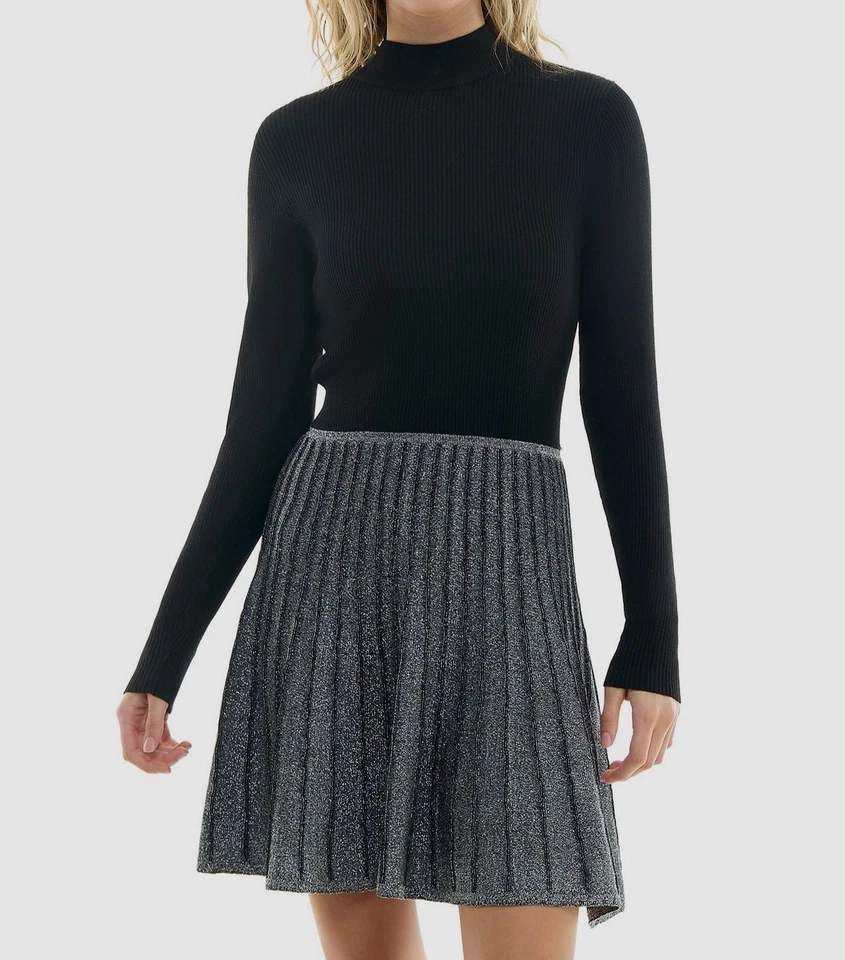 BCX Junior's Women's Black Metallic Pleated Mock Neck Sweater Dress Size XL