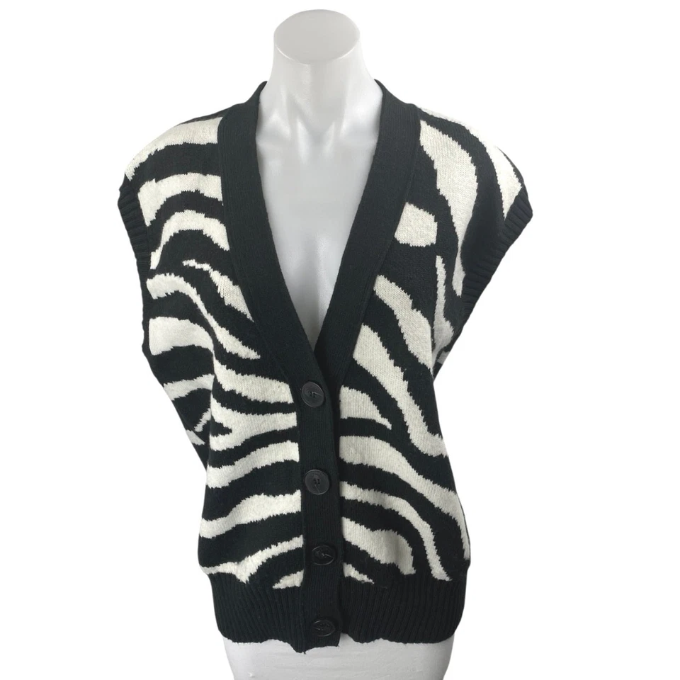 MO&Co Black White Wool Zebra Animal Print Short Sleeve Cardigan Sweater Size L - Image 1 of 4