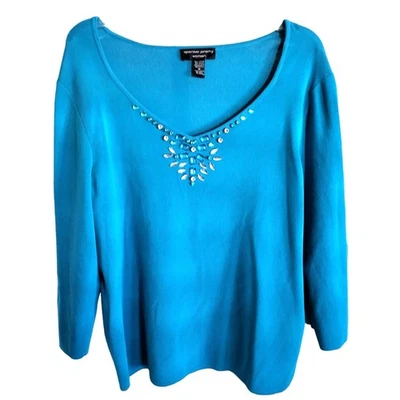 Spenser Jeremy Women's Plus SWEATER Blue Detailed Neckline 3/4 Sleeve - Size 1X - Image 1 of 4
