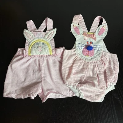 Vintage 80s Baby Girl 6-9M/12M Lot of 2 One-Piece Pink Bunny Sunsuit Rompers - Image 1 of 4