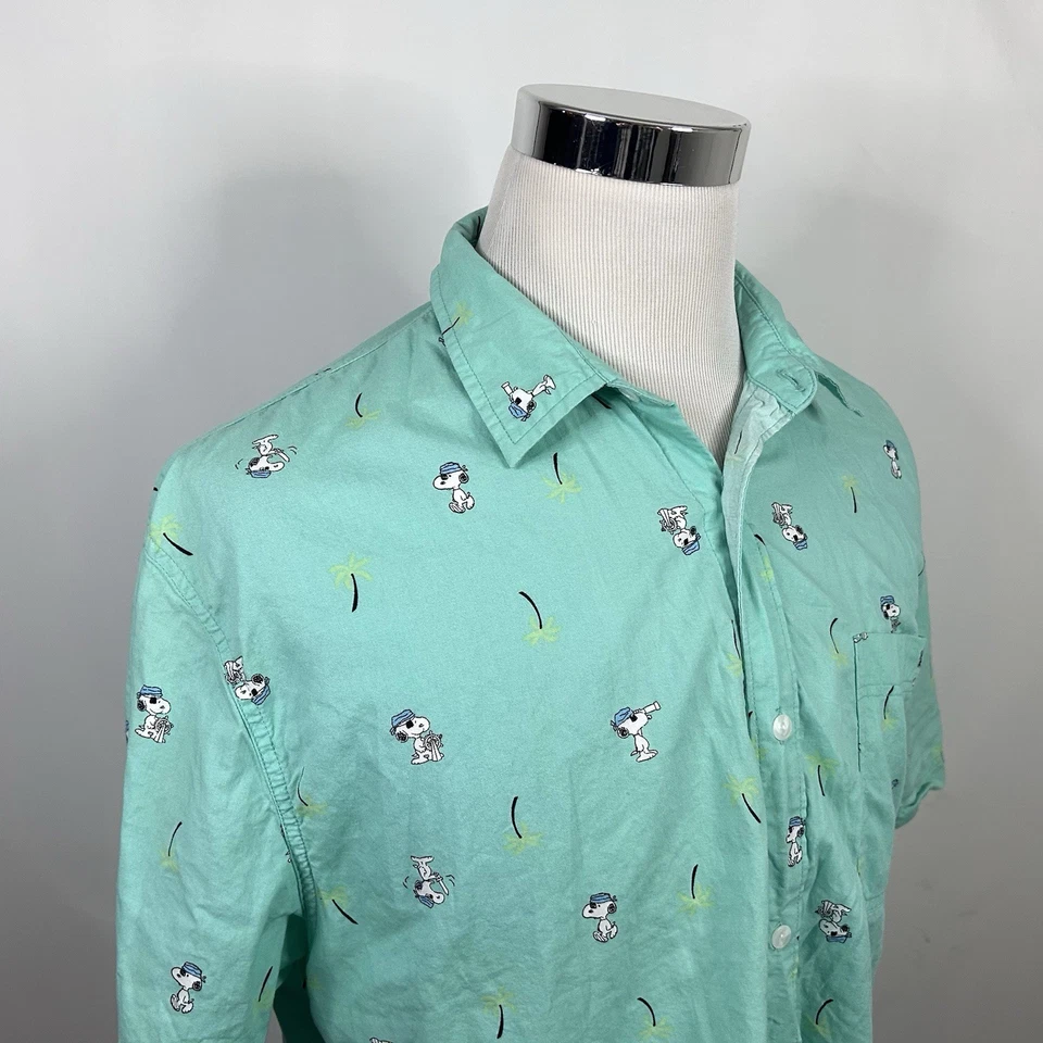 Peanuts XL Hawaiian Shirt Snoopy Pirate Floral Palm Trees Green Cotton Blend - Image 1 of 4
