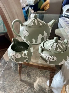 Celadon Green Wedgwood Jasperware Tea Pot Sugar Creamer Set - Picture 1 of 7