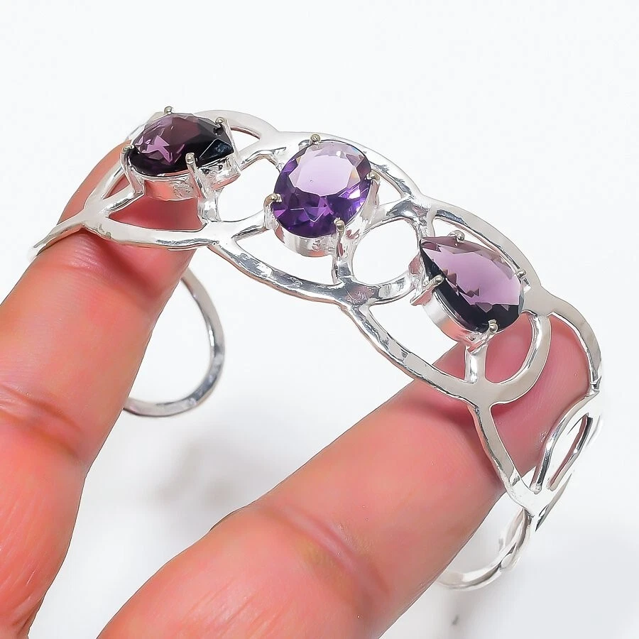 Purple Amethyst Gemstone 925 Sterling Silver Jewelry Adjustable Cuff Bracelet - Image 1 of 1