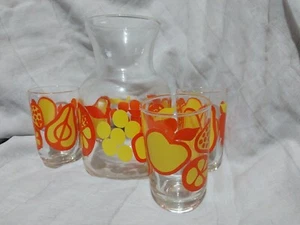 Vintage Retro Glass Juice Carafe 750ml & 3 Glasses Yellow Orange Fruit - Picture 1 of 7