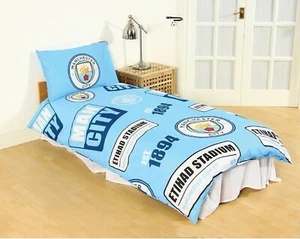 Manchester City Patch Single Duvet Cover Reversible Bedding Set Official License - Picture 1 of 4