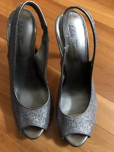 Lulu Townsend Dark Silver Glitter Open Toe Slingback Heels Size 8.5 Shoes - Picture 1 of 9