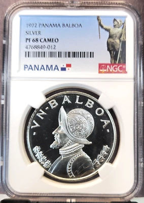 Panamá 1972 plata 1 Balboa Vasco Núñez NGC PF 68 camafeo escaso alta calidad Foto 1 de 3