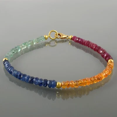 Natural Emerald & Blue Sapphire Multicolor Gemstone 7.8" Beads Handmade Bracelet - Image 1 of 4