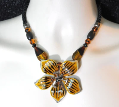 Chico’s 水钻粗搪瓷琥珀老虎百合花项链 HL6 — 第 1/4 张图片