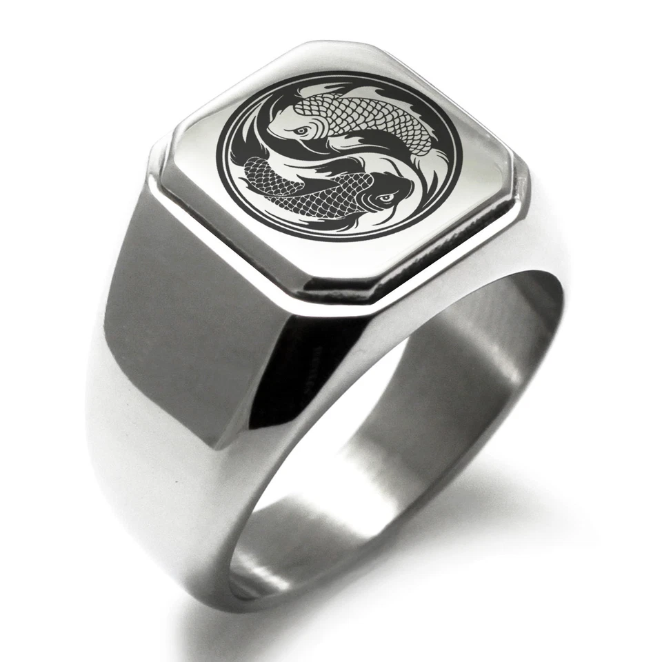 Stainless Steel Koi Fish Yin Yang Square Mens Square Biker Style Signet Ring - Image 1 of 1