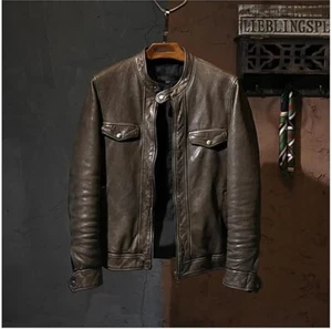 Men's Motorcycle Vintage Racer Distressed Tanned Bomber Real Leather Jacket Coat - Picture 1 of 7