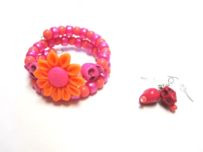 Juego de pulsera y pendientes calavera azúcar rosa día de muertos  Foto 1 de 3