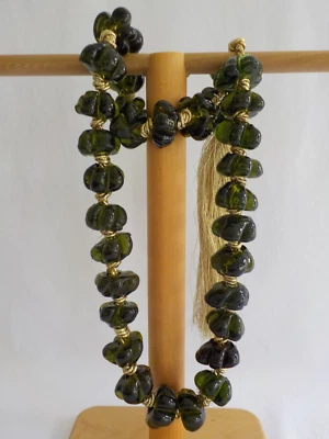 Green Glass Flower Bead Necklace No Clasp Tassel Heavy Knotted Chunky Handmade - Image 1 of 4