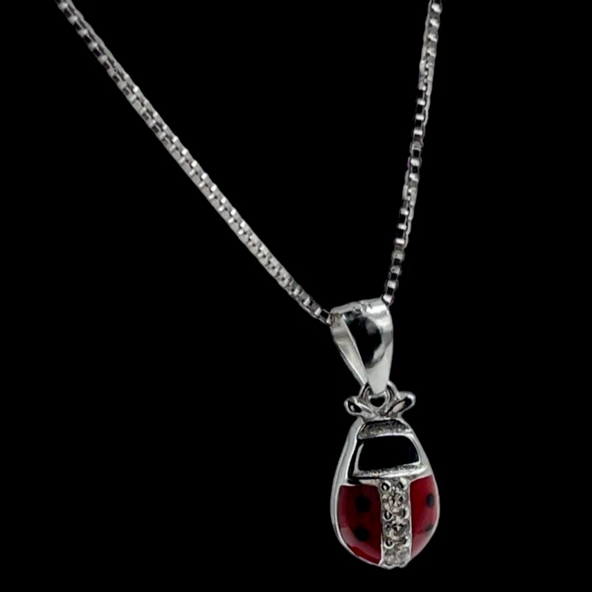 Collana coccinella rossa portafortuna puntiluce brillanti femminile argento 925. - Immagine 1 di 4