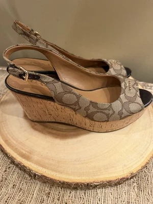 Coach FERRY Logo Signature Platform Cork Wedge Khaki Black Buckle Sandals 7.5 - Image 1 of 4