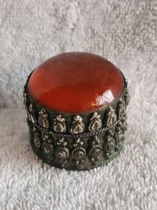 Vtg Tibetan Snuff Box Pill Case Nepal Faux Ruby Red Stone Filigree Metal Boho - Picture 1 of 6