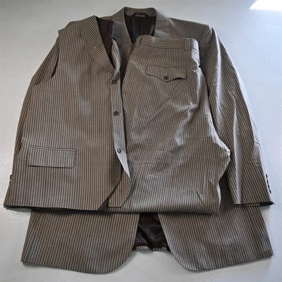 Tavion Collection 44L 38x36 Brown Striped 3 Piece Vest Mens Jacket Pants Suit - Image 1 of 4