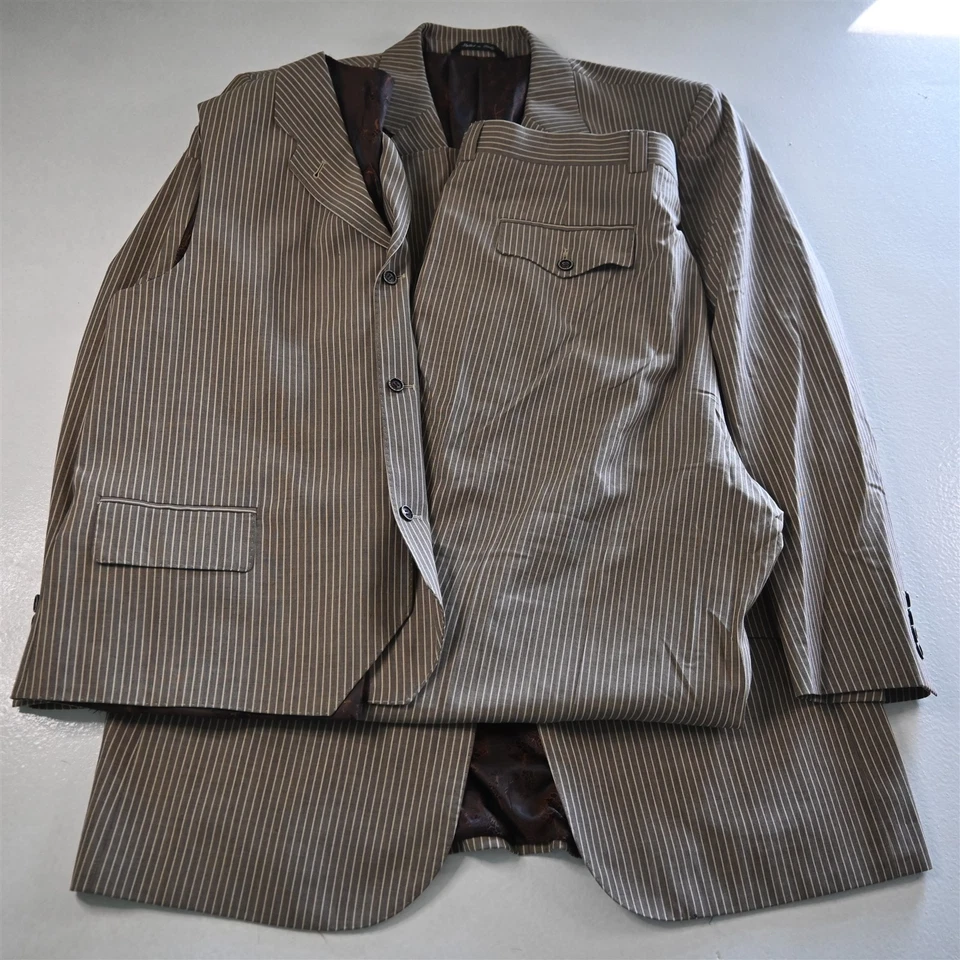Tavion Collection 44L 38x36 Marrón Rayas 3 Piezas Chaleco Hombre Chaqueta Pantalones Traje Foto 1 de 4