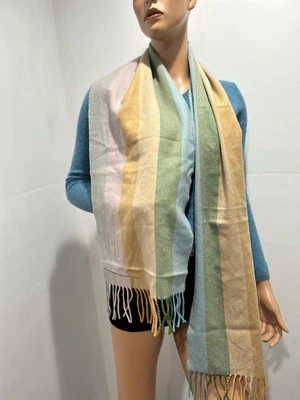 Cachecol de cashmere várias cores pastel listrado com franjas - Imagem 1 de 4