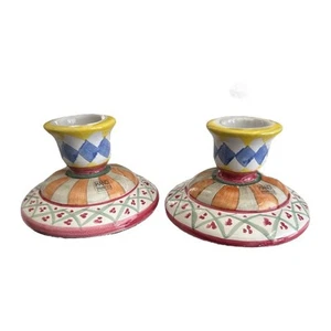 Hand Painted Colorful Unique Multicolored Candle Holders Set of 2 - Picture 1 of 8