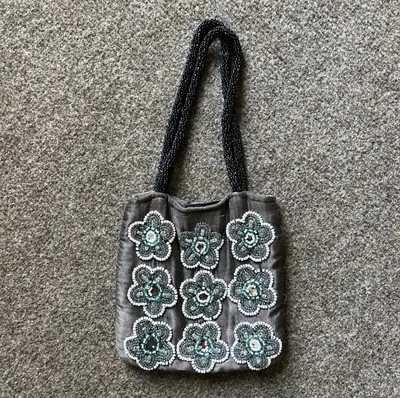 Y2K Beaded Floral Pattern Mini Handbag Purse Clutch Bag Blue Grey Summer Boho - Image 1 of 4