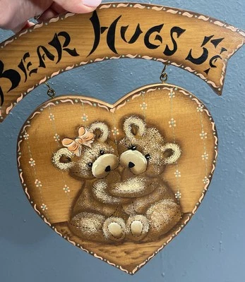 Bear Hugs Wood Heart Wall Hanging Sign Hand Made Painted Country Comfort Decor - Image 1 of 4