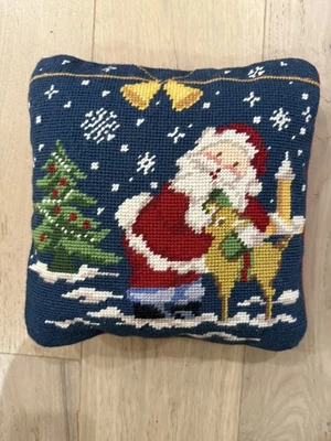 Needlepoint Pillow Christmas Santa Claus  9” Wool & Velvet - Image 1 of 4