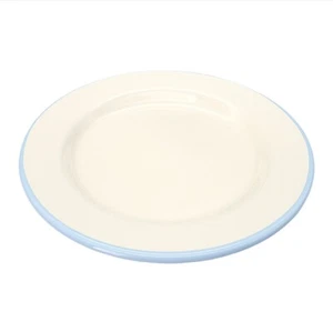 Emaille Teller Speiseteller Menü Teller Servierplatte Creme Rand Hellblau 24 cm - Bild 1 von 2