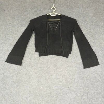 Suéter feminino Olivaceous pequeno preto manga longa sino gola V malha pulôver - Imagem 1 de 4