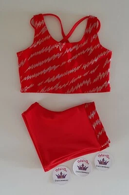 (#314) Age 3/5 Freestyle Dance Cropped Top/Shorts Bright Red Sparkly Lycra - Image 1 of 3
