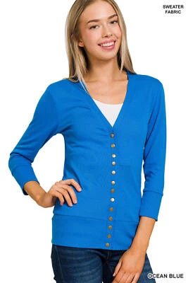 ZENANA Cárdigan Suéter Botón a Presión Manga 3/4 GRANDE AZUL OCÉANO   Foto 1 de 3